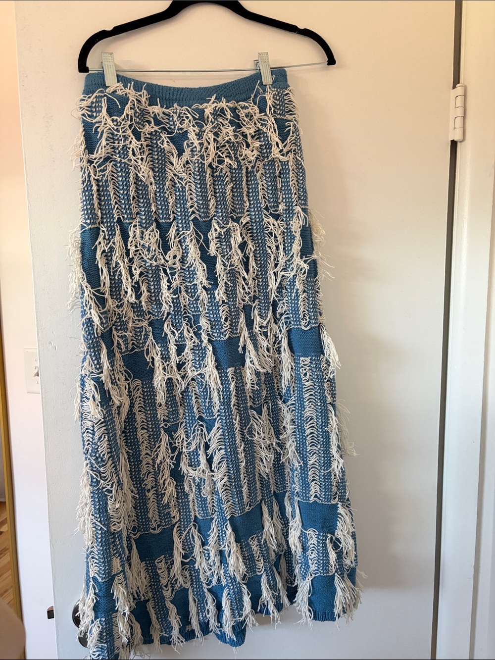 Blue and Cream Fringe Knit Maxi Skirt -